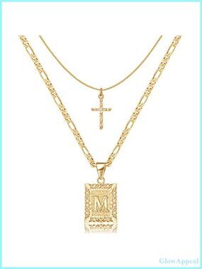 14K Gold Plated Layered Initial Cross Necklace Figaro Chain Choker